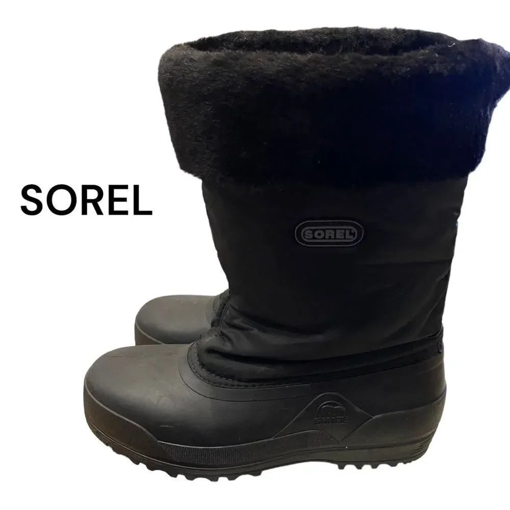 SOREL Big Girl's Black Waterproof Zipper Fur Winter Boots 6